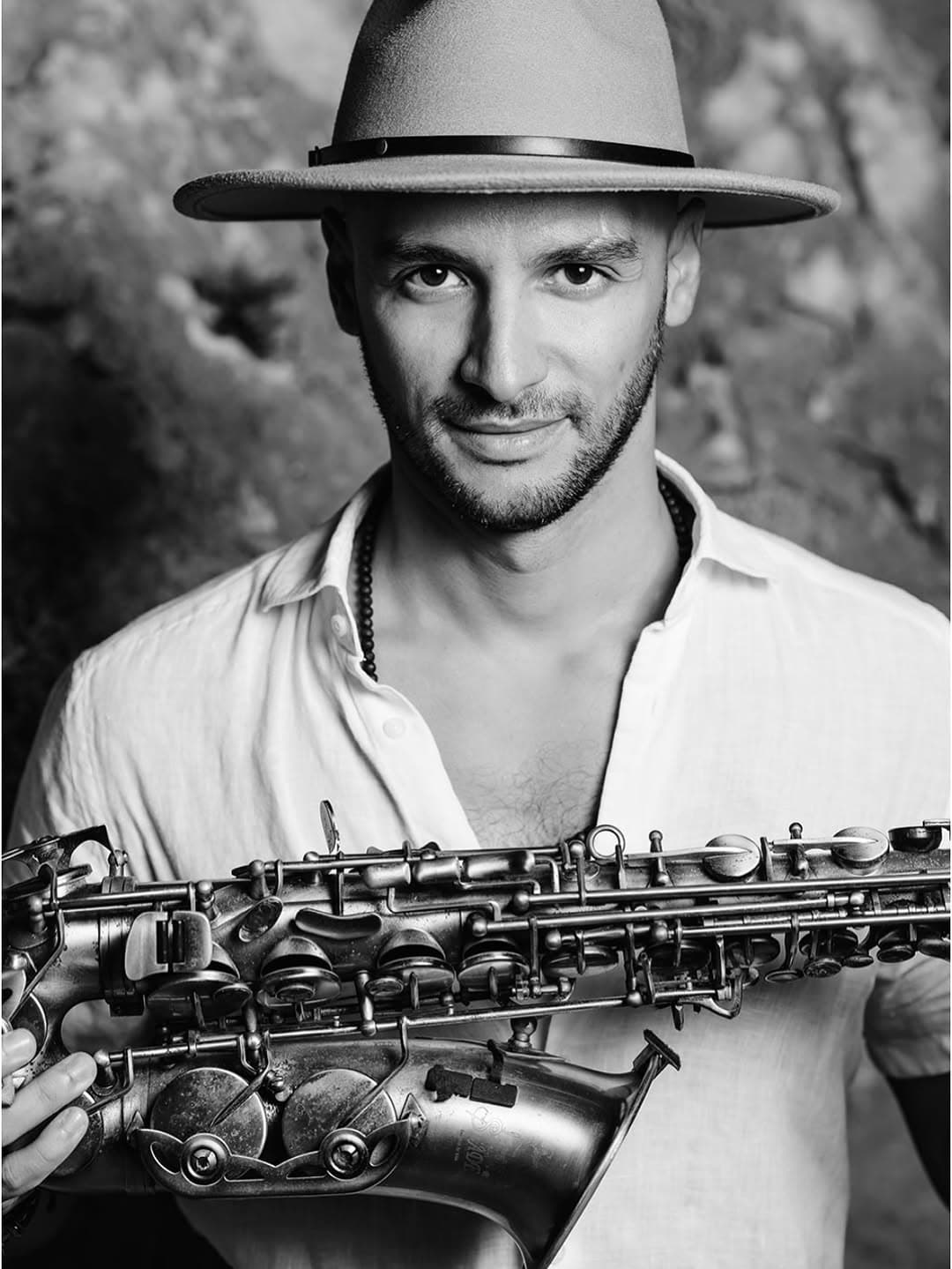 Black and white portrait of Victor Jazz — wedding saxophonist Cyprus