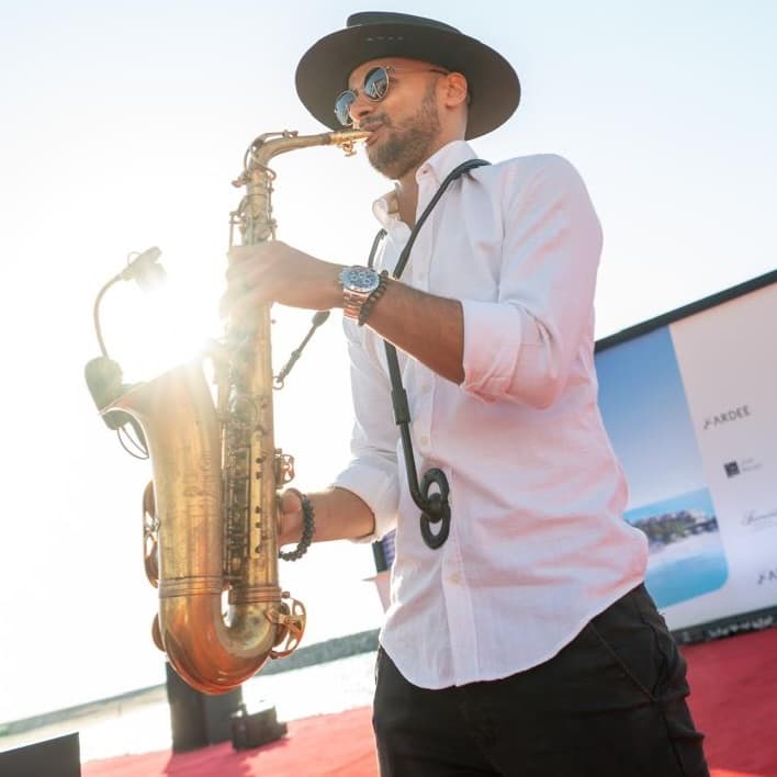 Victor Jazz live saxophone performance at luxury wedding event Cyprus